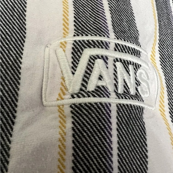 Vans Men’s Striped Gray Yellow White Short Sleeve Shirt Size L Embroidered Logo - Picture 5 of 8
